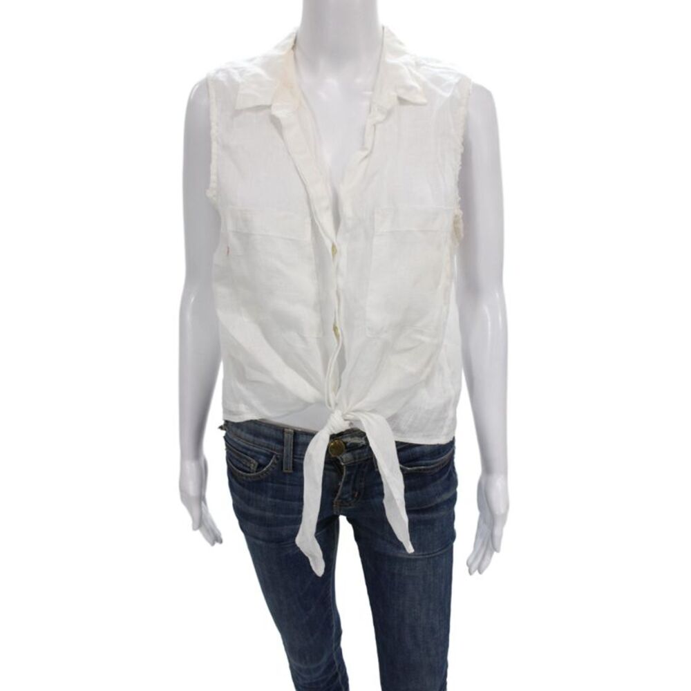 Bella Dahl Women Cropped Button-Up Linen Collared Sleeveless White Size M